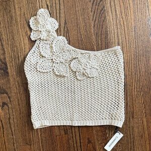 Commense one shoulder floral crochet knit top NWT